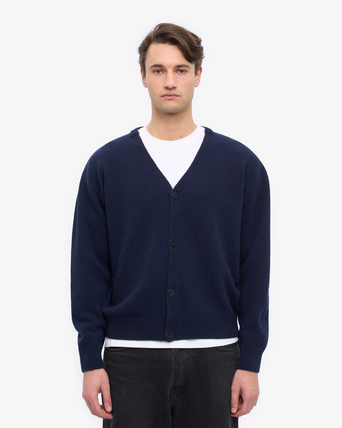 Merino Wool V-Neck Cardigan - Navy Blue