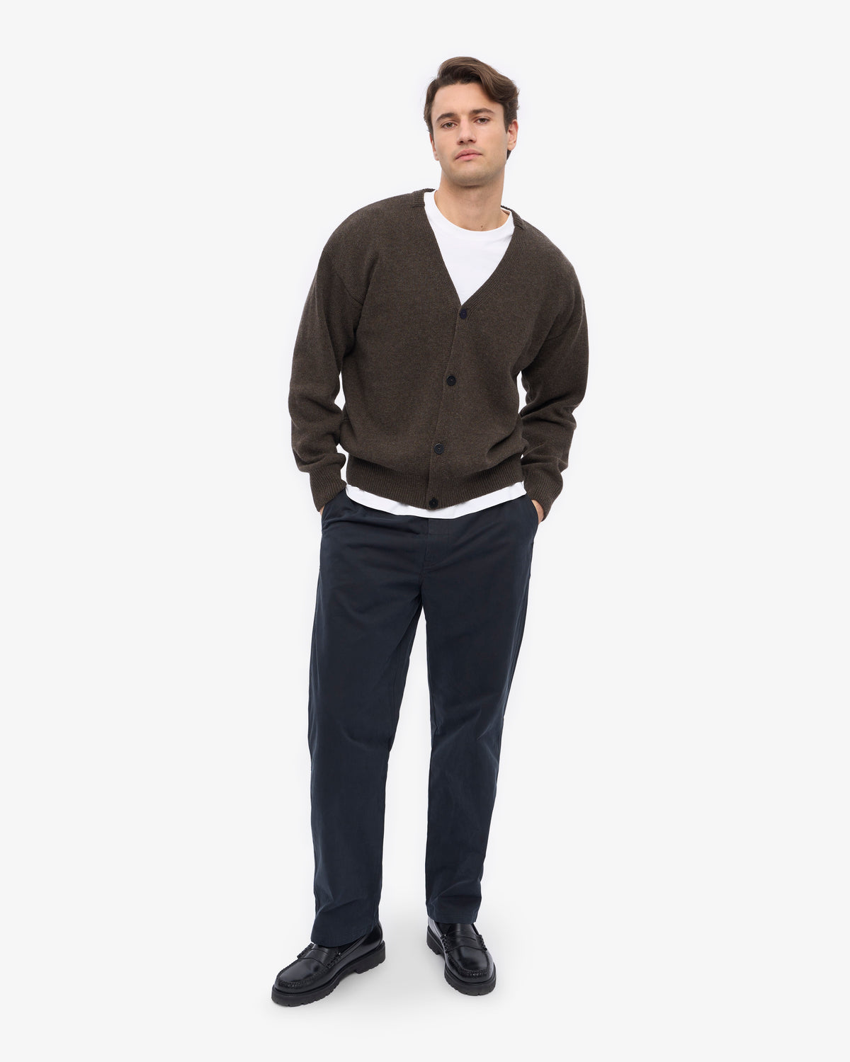 Merino Wool V-Neck Cardigan - Coffee Brown